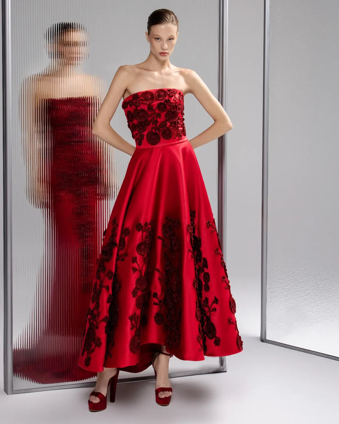 Red Sleeveless Square A Line Prom Dress With Handmade FLower