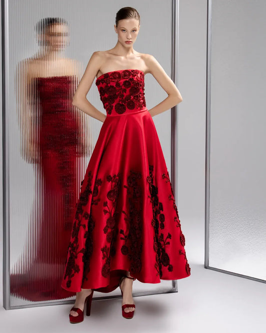 Red Sleeveless Square A Line Prom Dress With Handmade FLower