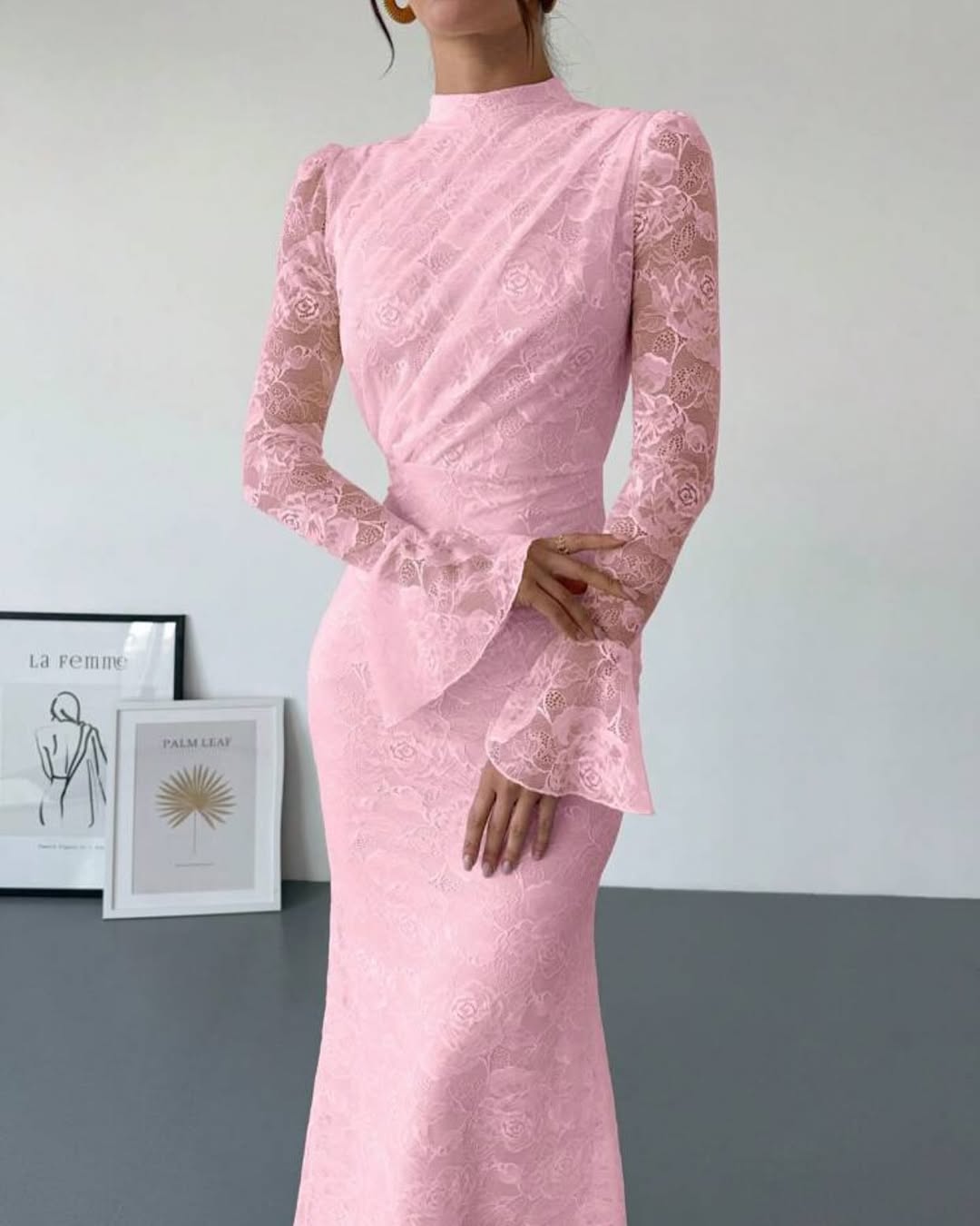 Glamorous Pink Lace Floral Half High Neck Long Sleeves Slim Prom Dress