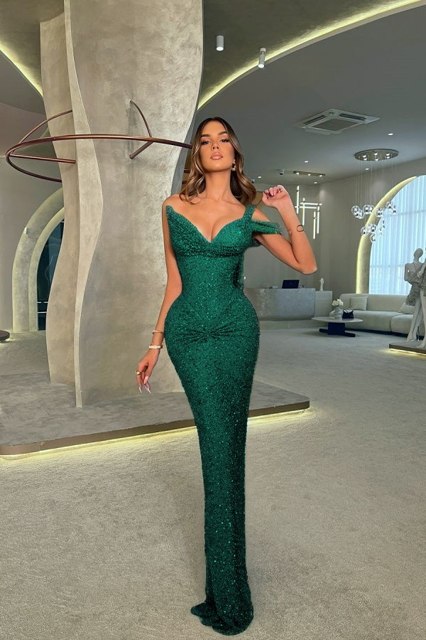 One Shoulder V-Neck Long Mermaid Prom Dress Sleeveless with Sequins