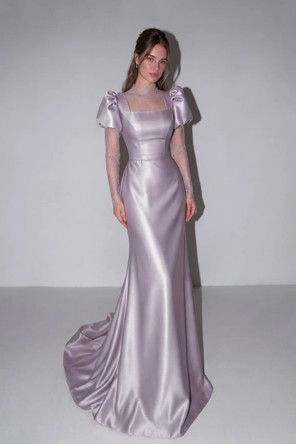 Lilac High Neck Mermaid Prom Dress Long Sleeves in Satin with Lace