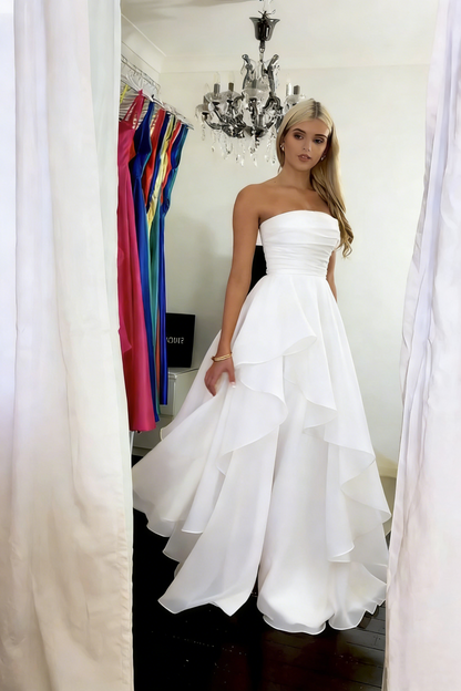 Classy Strapless Yellow Satin Tulle Slit Long Prom Dress Formal Birthday Party Dress D1141