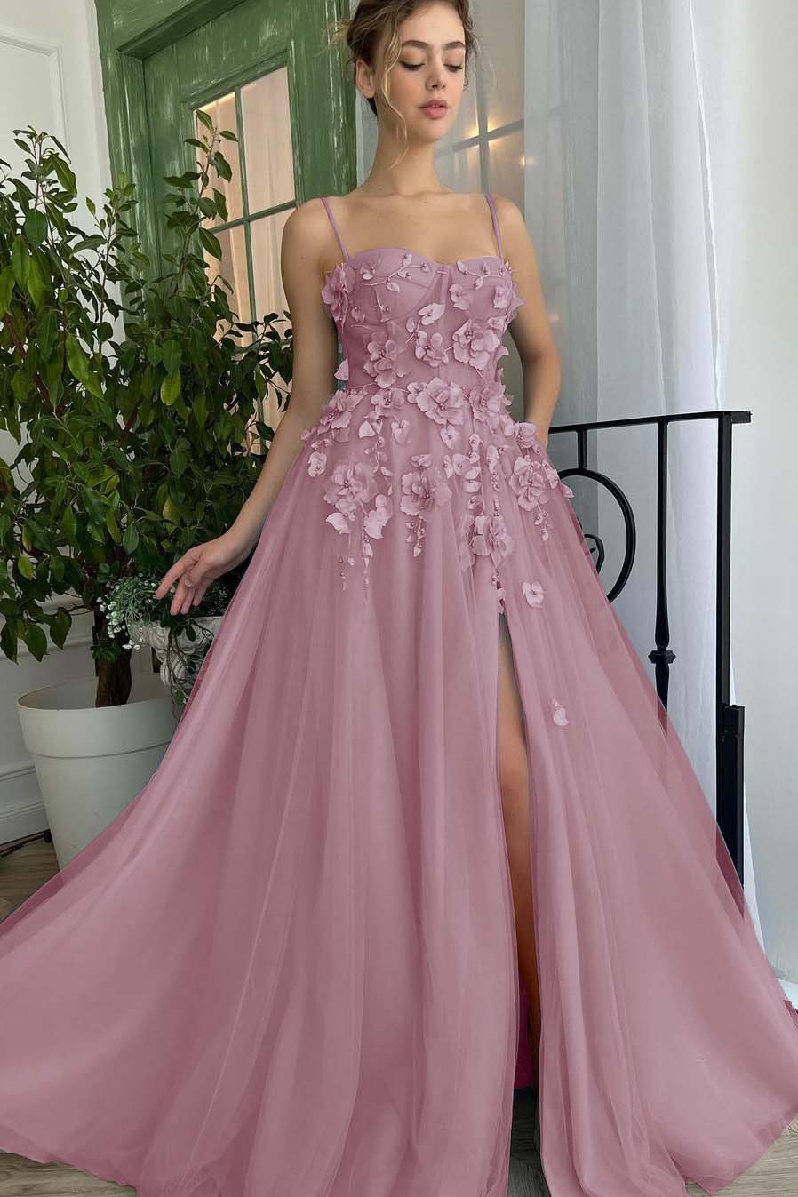 Baby Blue Sweetheart Flowers Appliques Spaghetti Strap Prom Dress Side Split