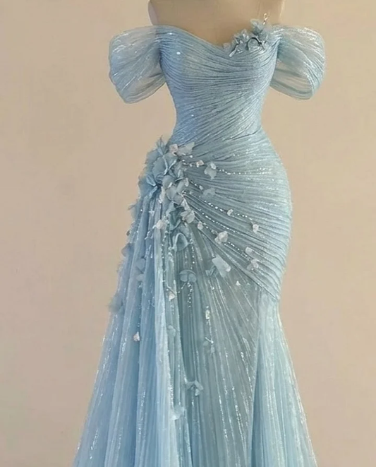 Dreamy Sky Blue Off-The-Shoulder Pleated Sequins Evening Dress With Side Train