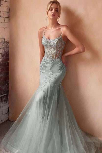 Baby Blue Sleeveless Spaghetti Strap Embroidery Mermaid Prom Dress