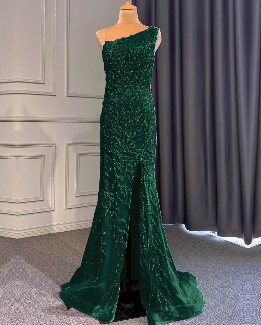 Light Purple Mermaid Beads One Shoulder Prom Dress With Long Ruffles Appliques Front Split