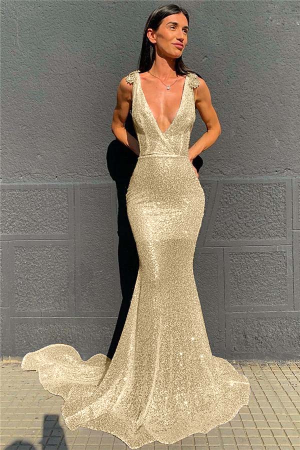 Deep V-Neck  Mermaid Prom Dress Open Back Sequins