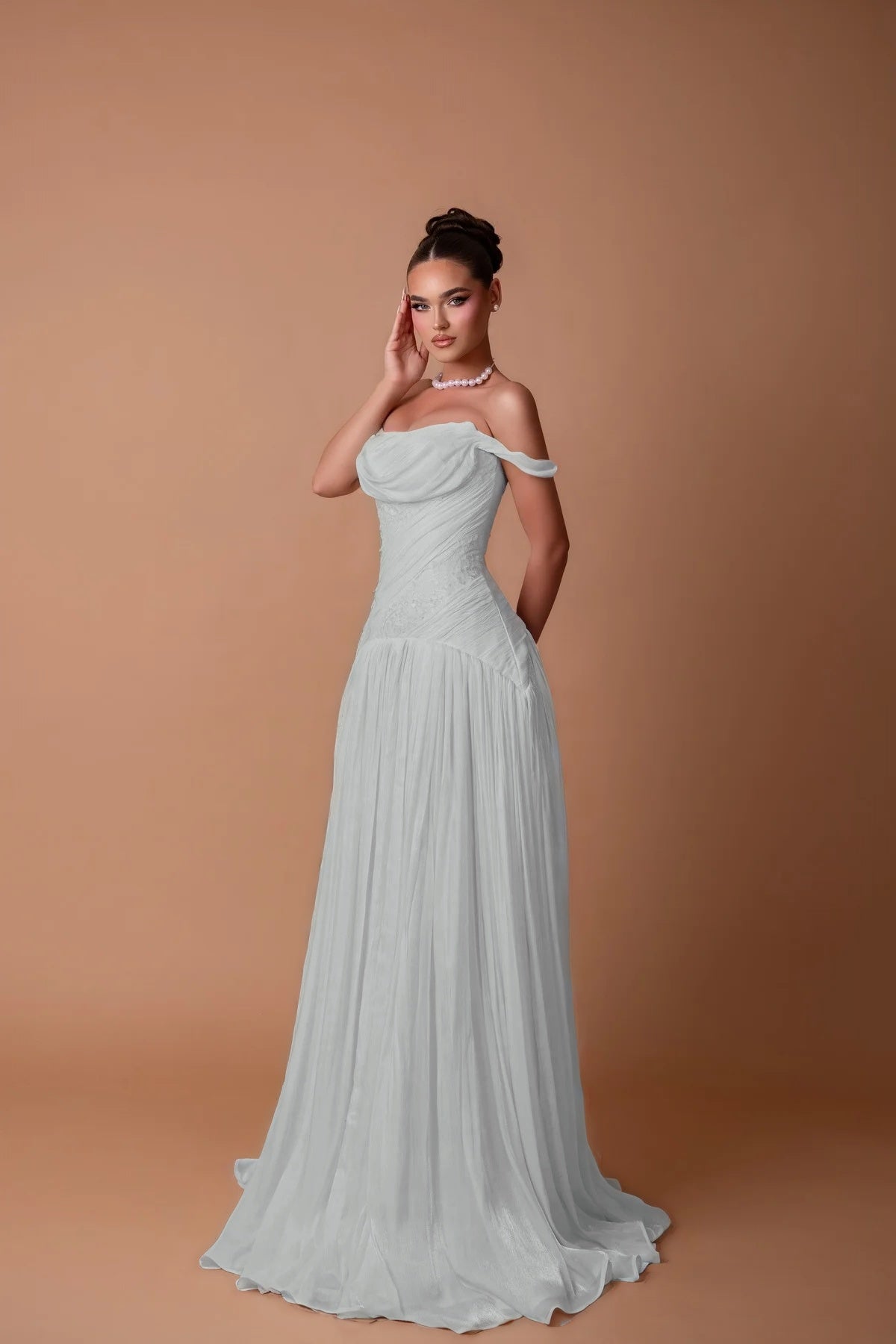 Charming White Off-the-Shoulder A-Line Evening Dress in Chiffon Pleated
