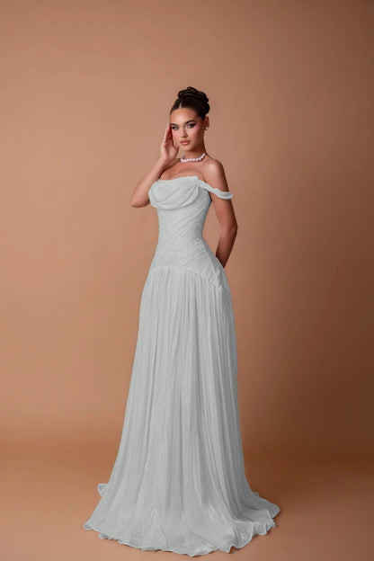 Charming White Off-the-Shoulder A-Line Evening Dress in Chiffon Pleated