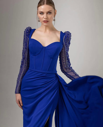 Royal Blue Long Sleeves Sweetheart Mermaid Beads Prom Dress