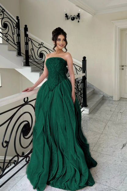 Elegant Pink Strapless Evening Dress A-Line Floor Length with Beading