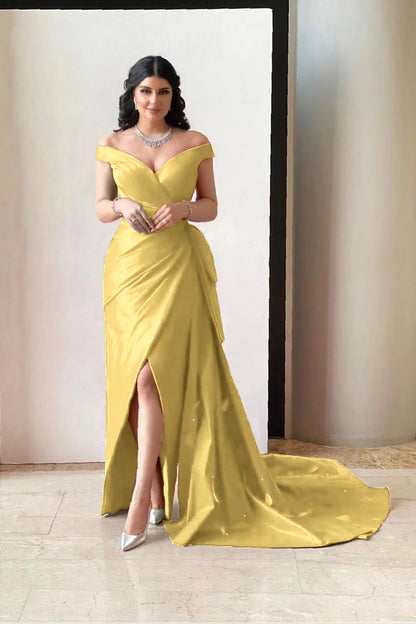 Amazing Fuchsia Off-The-Shoulder V-Neck Split Prom Dress With Pleated