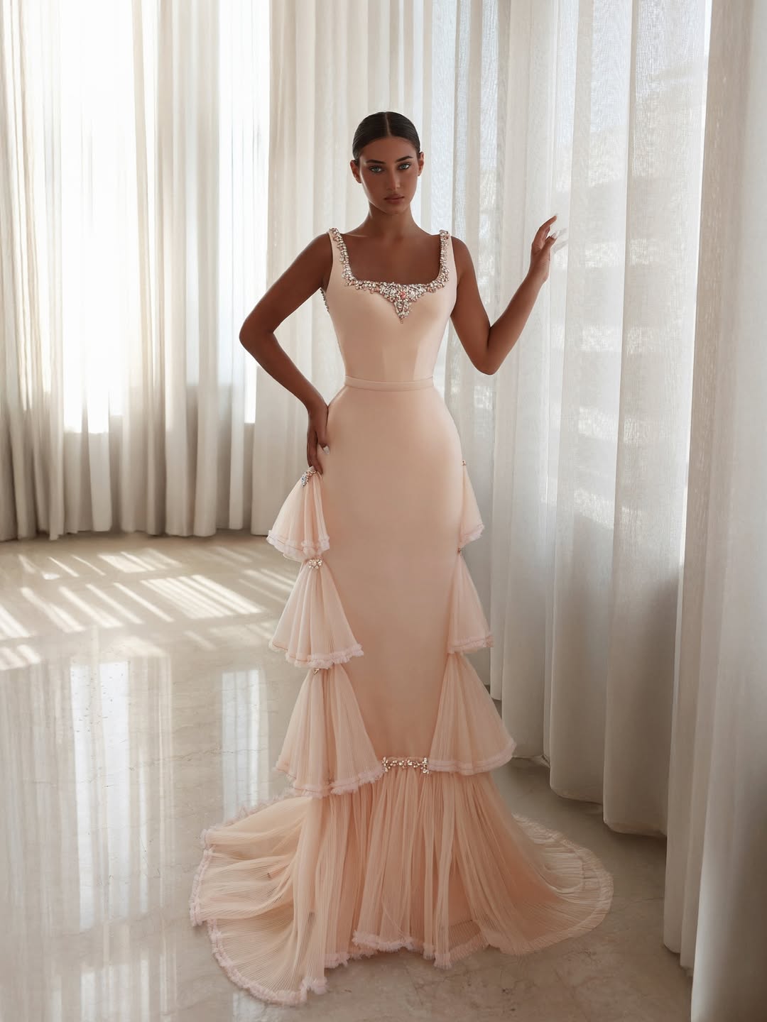 Sleeveless Square Beads Prom Dress With Tulle