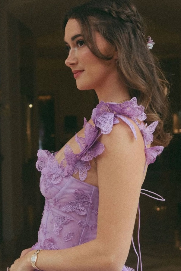 Purple Butterflies Appliques Square Tulle Prom Dress Long A-Line sleeveless