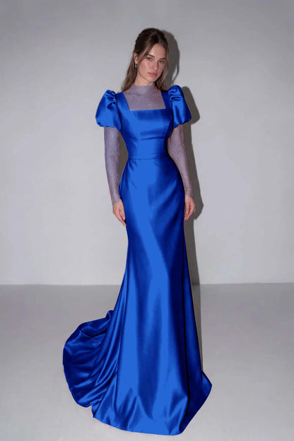 Lilac High Neck Mermaid Prom Dress Long Sleeves in Satin with Lace