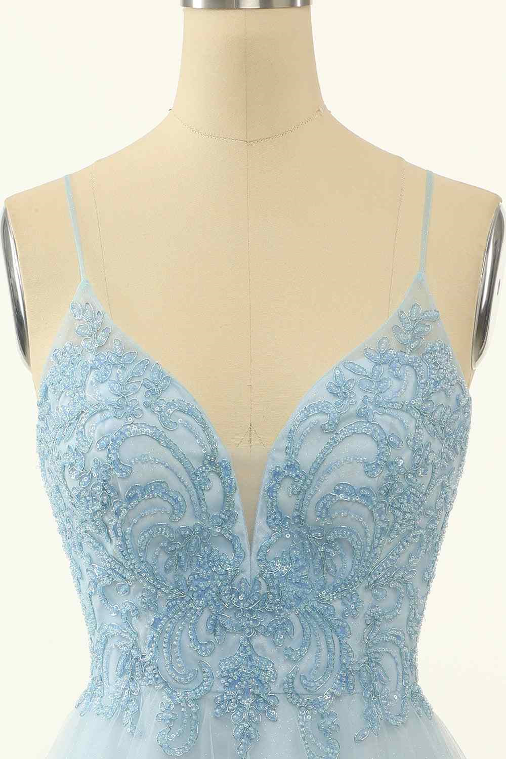 Light Blue A-line V Neck Beading-Embroidered Tulle Mini Homecoming Dress