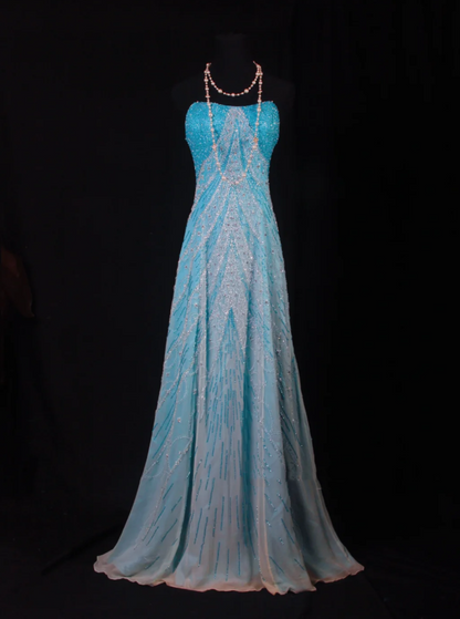 Dreamy Blue Strapless Chiffon Beaded Mermaid Long Birthday Party Dress Formal Prom Dresses D2238