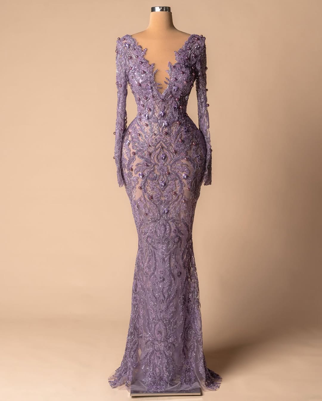 Long Sleeves Deep V-Neck Mermaid Beads Prom Dress With Pearls