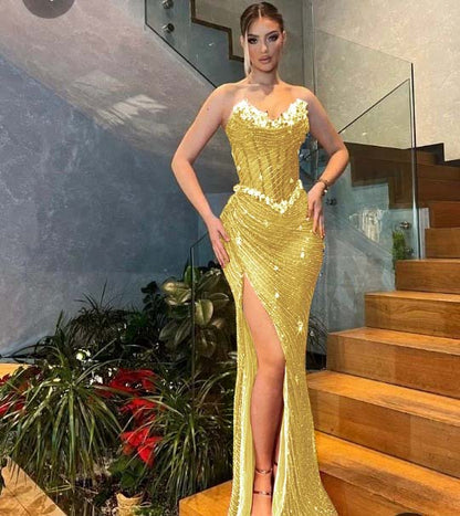 Sweetheart  Strapless Sleeveless Stuning Beaded Slit Prom Dress