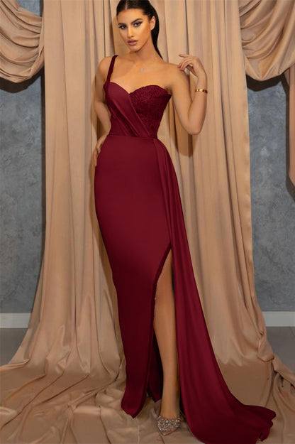 One Shoulder Spaghetti-Strap Split Sky Blue Sweetheart Mermaid Evening Dress With Sequins