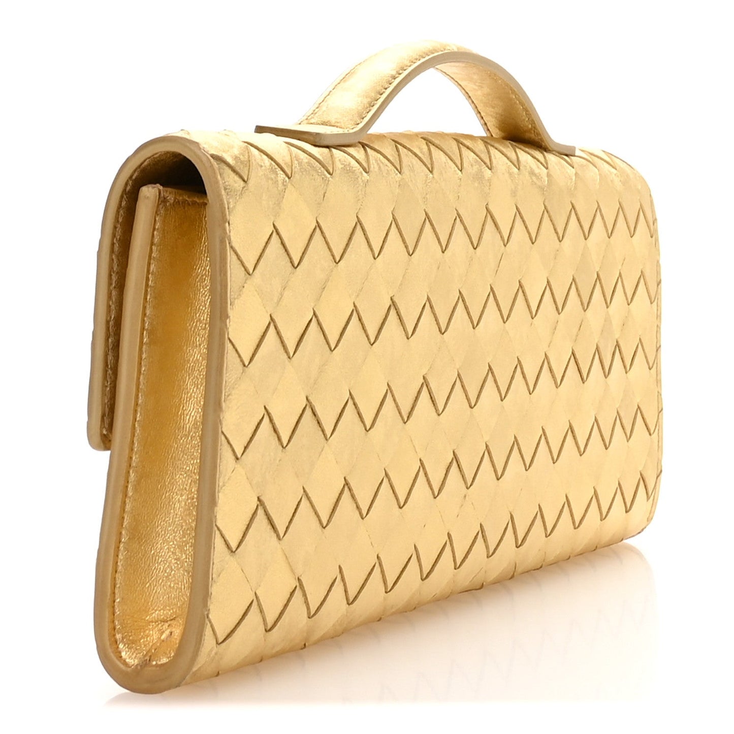 Metallic Lambskin Intrecciato Long Andiamo Top Handle Clutch Gold