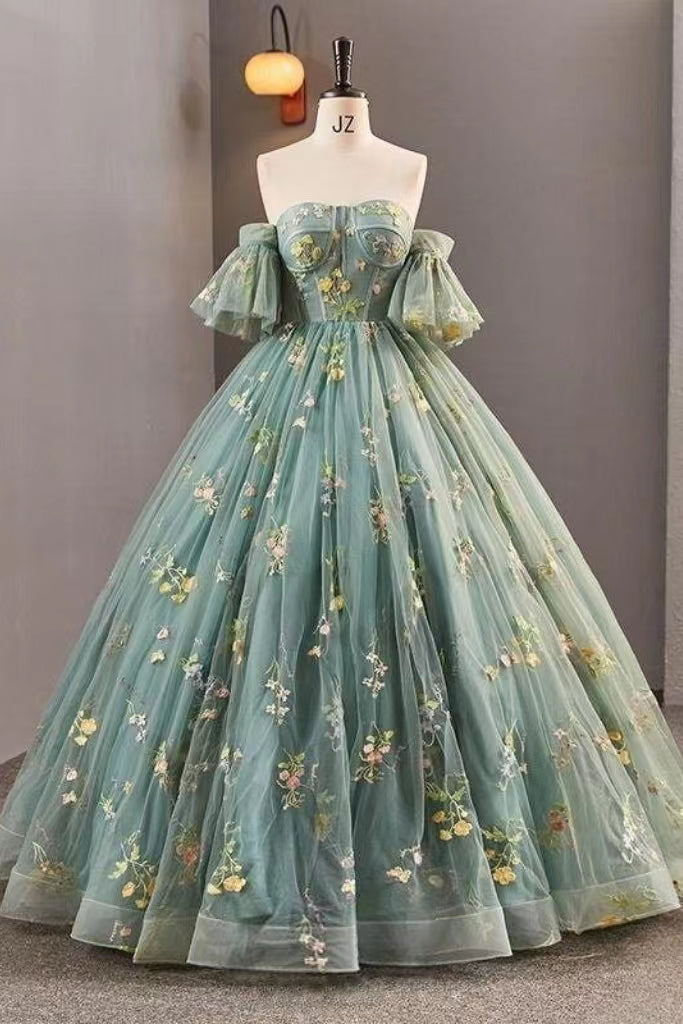 Exquisite Lace Strapless Off the Shoulder A-Line Long Prom Dress with Embroidered
