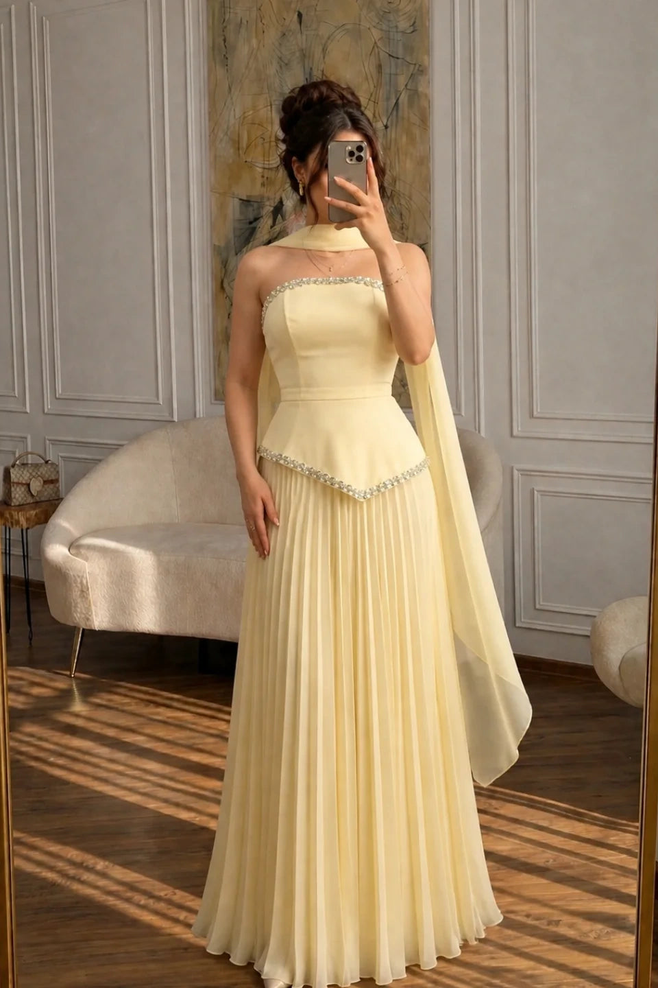 Chic Yellow Sleeveless Square Pleated Evening Dress With Scarf