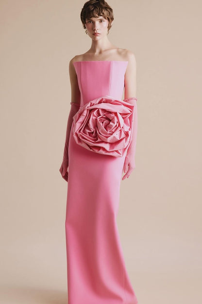 Sleeveless Square Mermaid Handmade Flower Long Prom Dress With Gloves