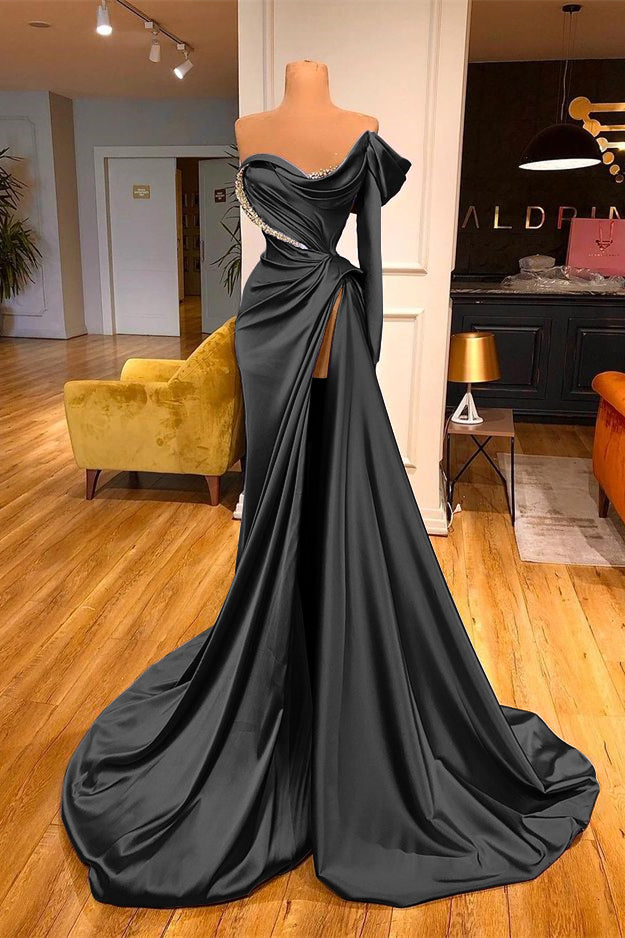 One-Shoulder Purple Long Sleeves Beadings Evening Dress Split Mermaid