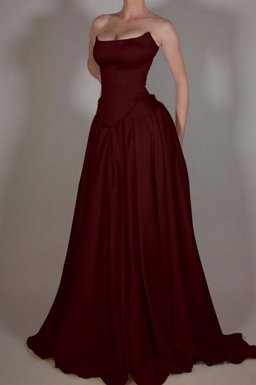 Exquisite Satin Ivory Sleeveless Strapless Long Pleated Prom Dress with Beadings