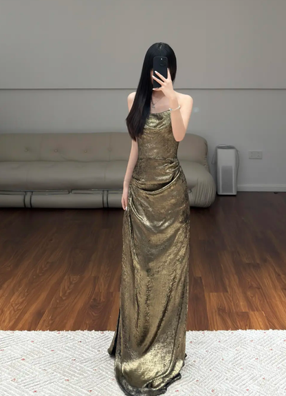 Gold Sheath Evening Dress Birthday Outfit Prom Party Dress  fg8608
