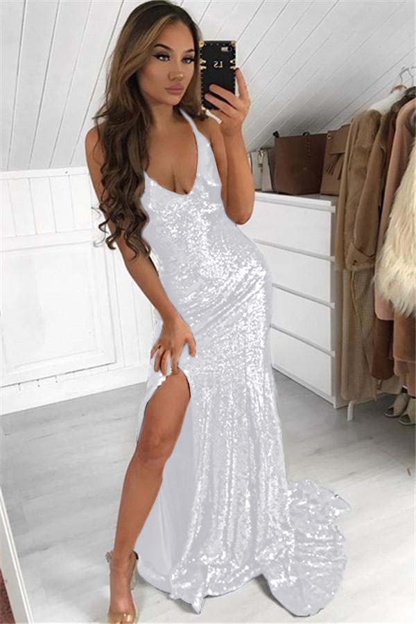Dark Navy Sequins Prom Dress Modern V-Neck