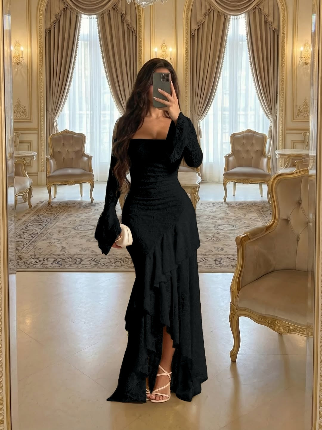Elegant Cream Square Long Sleeves Ruffles Lace Evening Dress