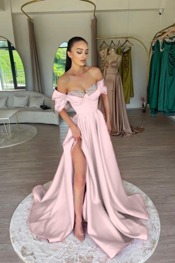 Elegant Fuchsia Off-The-Shoulder Beaded Sweetheart Prom Dress With Split