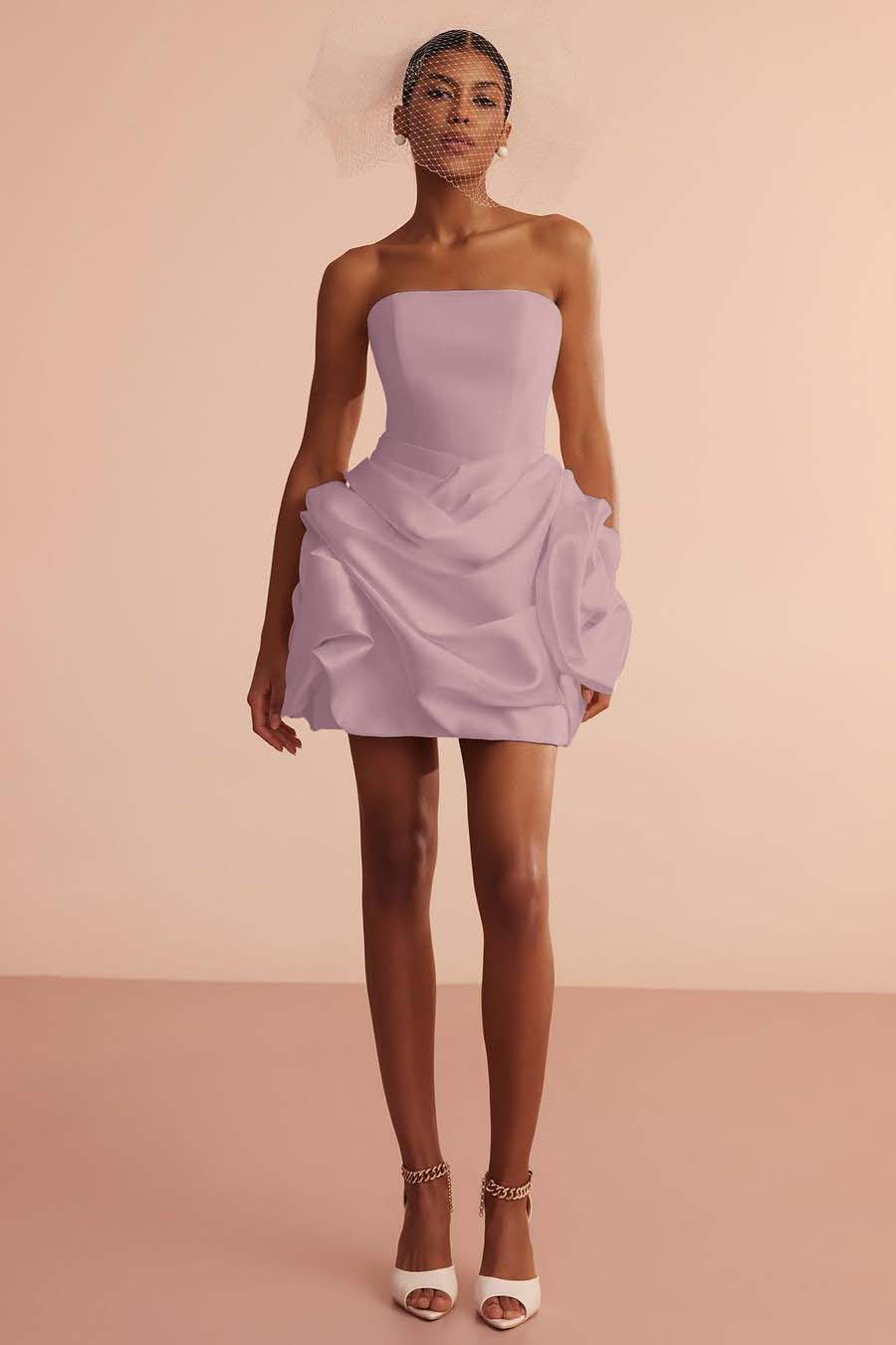 Exquiste Cream Satin Strapless Sleeveless Short Prom Dress with Pleated