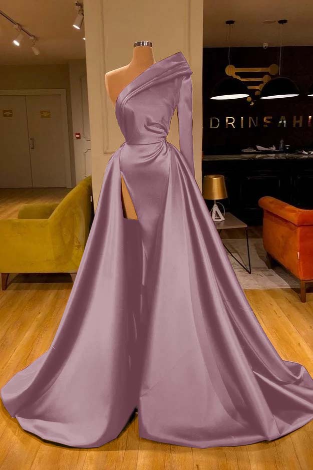 One Shoulder Slit Long Sleeves Prom Dress Overskirt