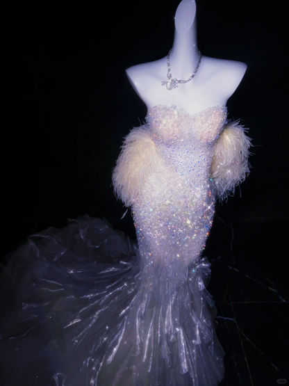 Dreamy Mermaid Sweetheart Neck Beaded Feather Tulle Party Dress Evening Dress SH3347
