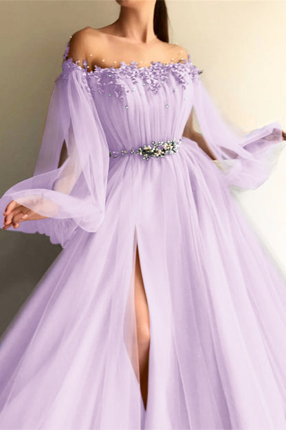Chic Off-the-Shoulder Long Sleeves Elegant Evening Dresses With Beads