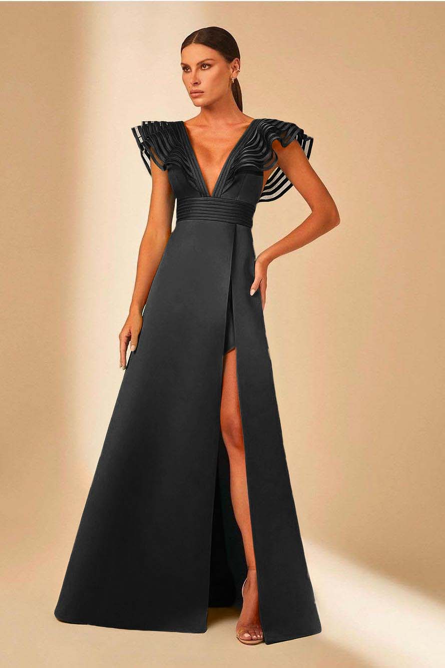 Charming Satin Spaghetti Strap Sleeveless V Neck Long Prom Dress with Split