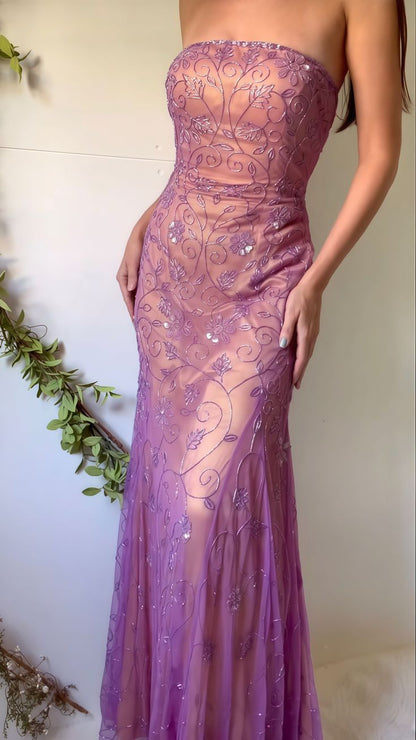 Vintage Sheath Strapless Beaded Chiffon Satin Long Party Dress Evening Dress SH2786