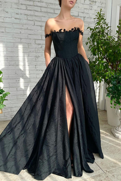 Black A Line Off-The-Shoulder Evening Dress Sleeveless Lace Side Split