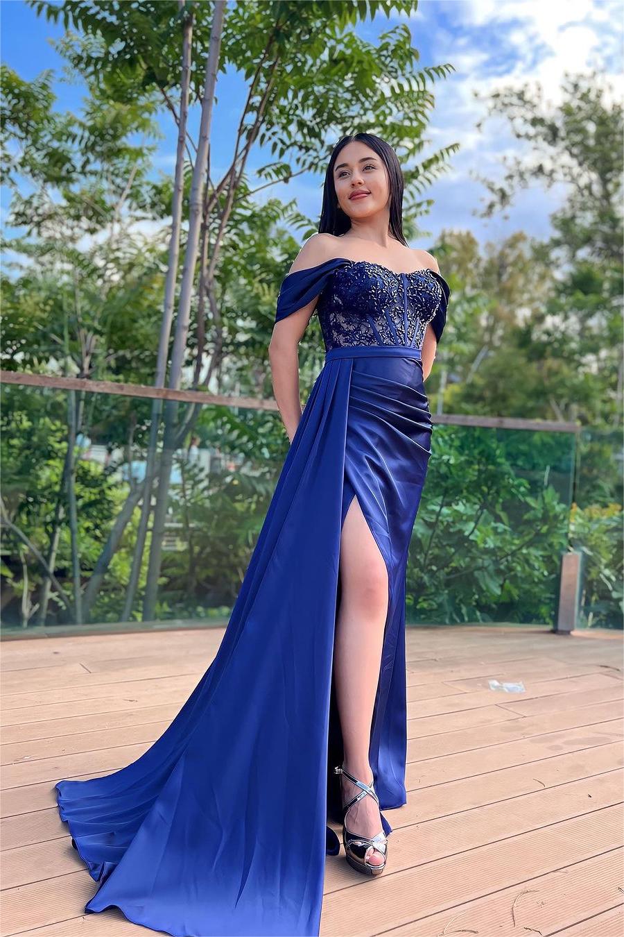 Glamorous Royal Blue Off the Shoulder Sleeveless Long Split Evening Dress with Beadings