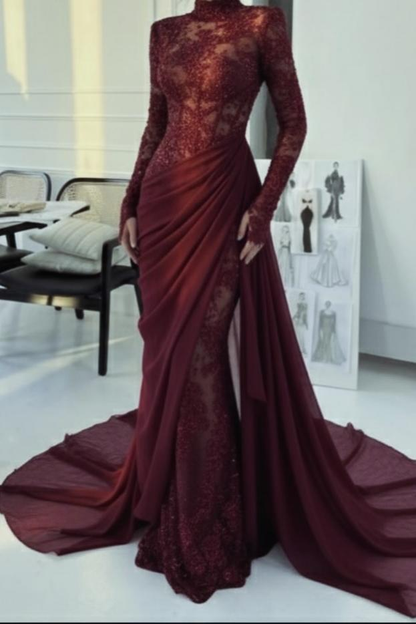 Glamorous Lace Burgundy High Neck Long Sleeves Evening Dress With Appliques