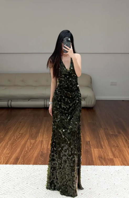 Halter Neck Sequin Evening Dress Birthday Outfit Prom Party Dress fg8607