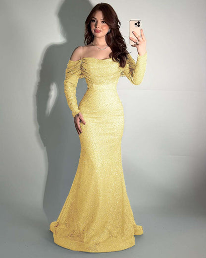 Glamorous Off-The-Shoulder Long Sleeves Beads Mermaid Prom Dress