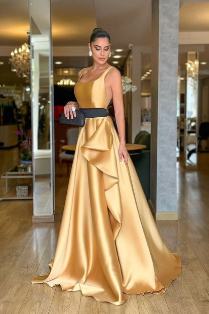 Charming Champange Satin Sleeveless Spaghtti Strap Long Prom Dress with Ruffles