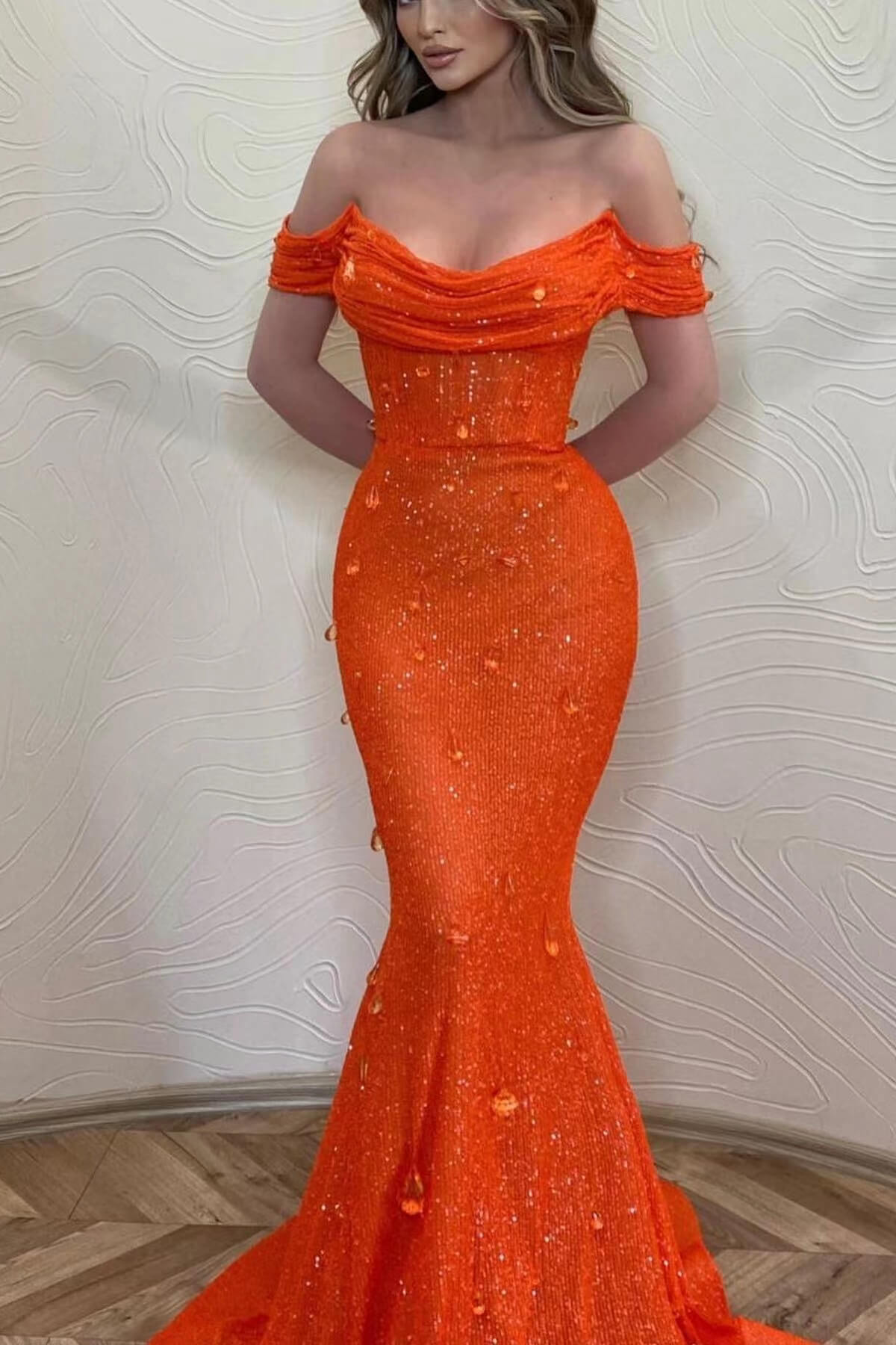Orange Off-The-Shoulder Prom Dress With Sequins Mermaid