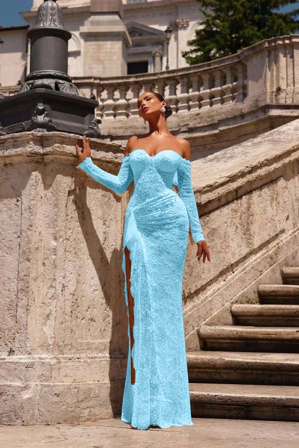 Champagne Lace Strapless Split Prom Dress With Long Sleeves