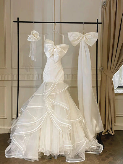 Sweet White Mermaid Bow Satin Tulle Wedding Dress with Train P4092