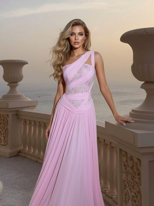 Pink One Shoulder Chic Long Dress With Beading